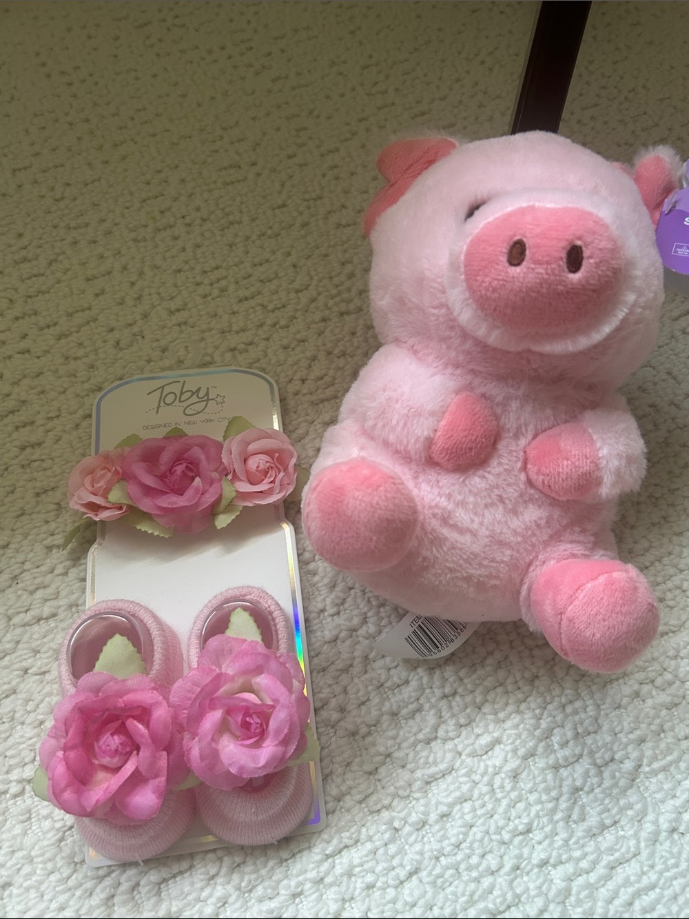 Pink Plush Pig Stuffed Toy with Pink Floral Baby Headband and Shoes
